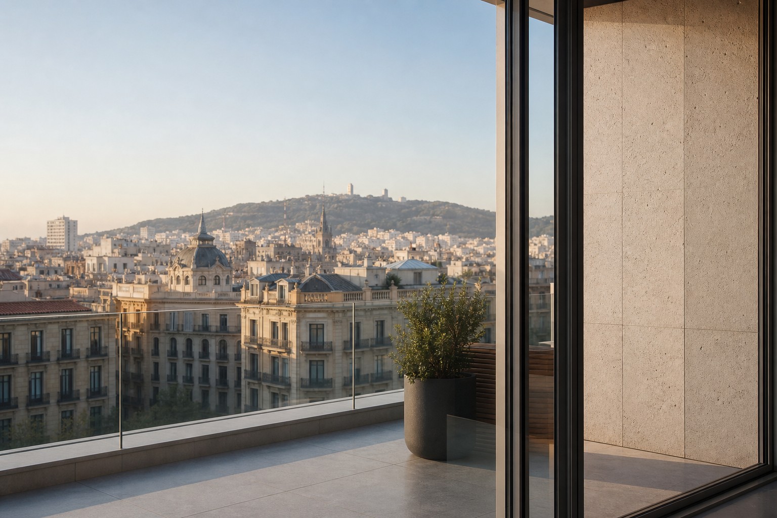 Vista contemporánea de Barcelona desde una terraza en el Eixample