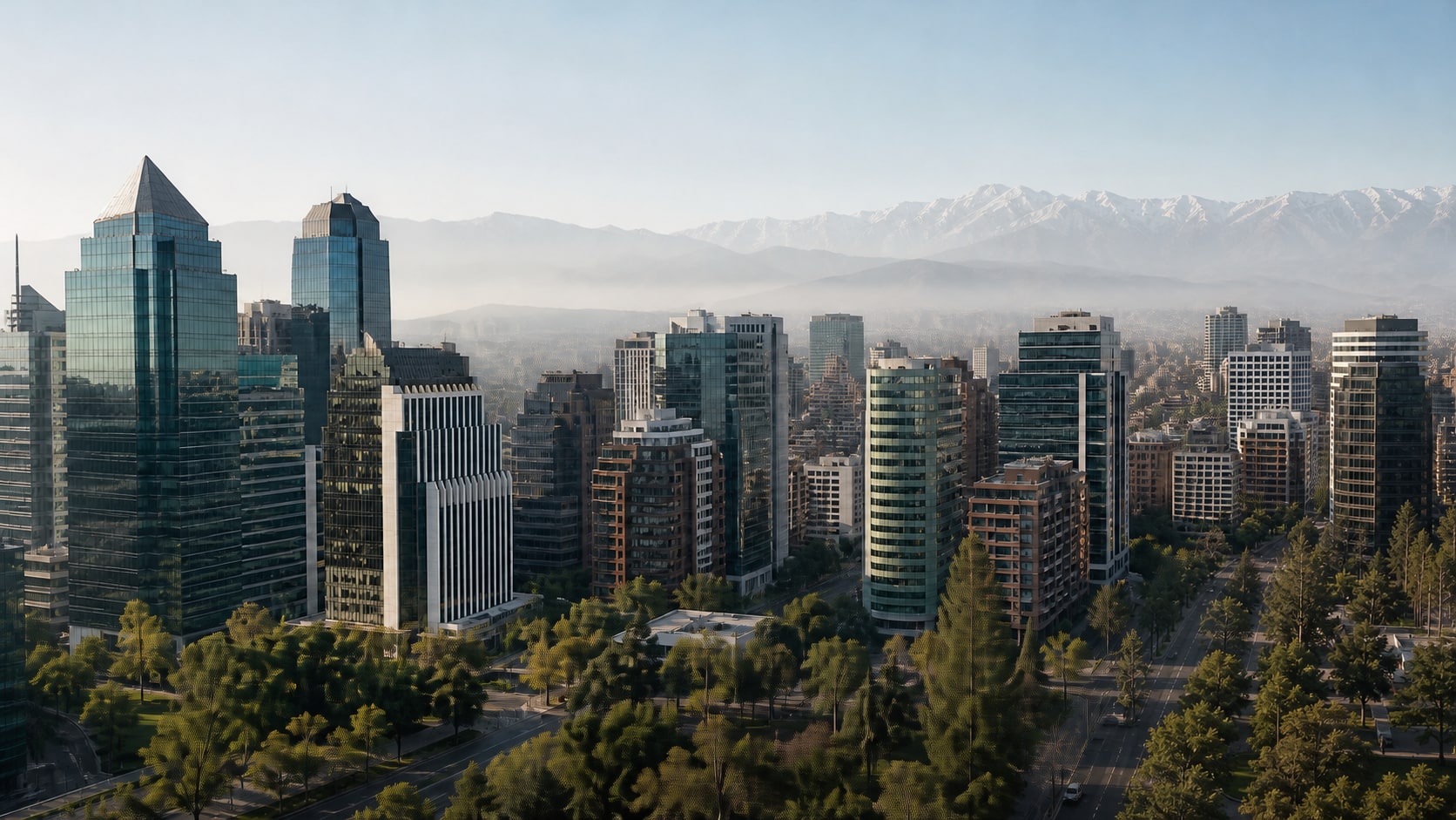 Distrito financiero Sanhattan en Santiago de Chile y cordillera de los Andes
